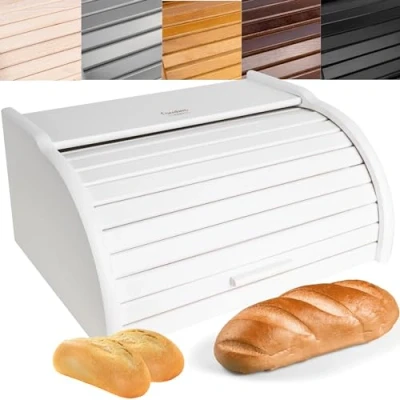 Abbildung von Creative Home Weiß Brotkasten Holz 38 x 28,5 17,5cm (+/ 1cm) Perfekte BrotBox für Brot Brötchen Kuchen Brotkiste mit Roll Deckel Natürliche Kiste Brotbehälter Jede Küche