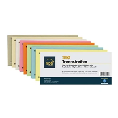 Abbildung von 200 Trennstreifen in 8 Farben, 25 Stück pro Farbe, 24 x 10,5cm, gelocht, 180g/m² recycelter Karton, zum Sortieren von Dokumenten, bedruckbar