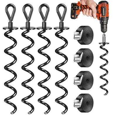 Abbildung von STURME 4 Pack Bodenanker Erdanker für Trampolin, Schaukel, Pavillon,partyzelt, Trampolin Set mit verstellbaren Gurten, aus 1cm Ø Edelstahl Zum Eindrehen, windfest und langlebig