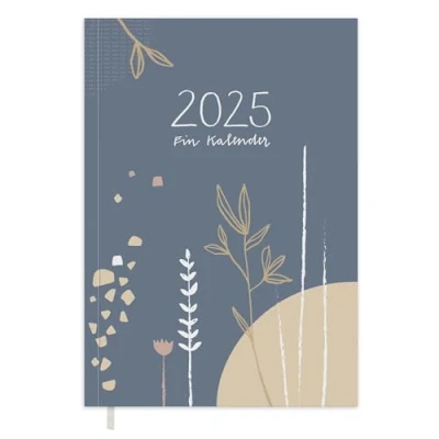 Abbildung von Terminkalender A5 Kalender 2025, Wochenplaner und Notizbuch für mehr Achtsamkeit, Taschenkalender &amp; Terminplaner, Softcover, Blau Creme mit Weiß Rosa Blumen, klimaneutral auf FSC Papier