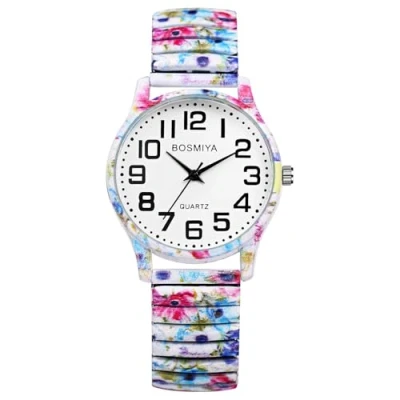 Abbildung von JewelryWe Damenuhr Boho Elastische Uhr: Bohemian Stil Tintenblumen Druck Analog Quarz Armbanduhr Damen Edelstahl Stretch Armband Lässige Uhr mit Bedruckt Zugarmband und großen Zahlen