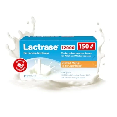 Abbildung von pro natura Lactrase 12000 150 Lactase Kapseln bei Lactose Intoleranz, für den unbeschwerten Genuss von Milch und Milchprodukten