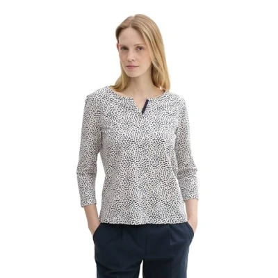Abbildung von TOM TAILOR Damen 1043100 Longsleeve Henley mit Alloverprint, 35891 Organic Navy Dot Design, Large