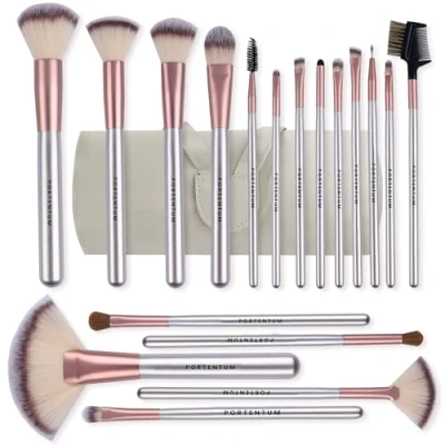 Abbildung von PORTENTUM Professionelle Kosmetik Make Up 18 Stück Pinsel Werkzeuge Set Mit Roll Pu Leder Tasche, Holzgriff