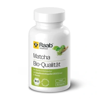 Abbildung von Raab Vitalfood Bio Matcha Kapseln, 60 Stück, Grüntee Extrakt aus Japan, Premium Qualität, vegan, glutenfrei, grüner Tee, 1 Monat