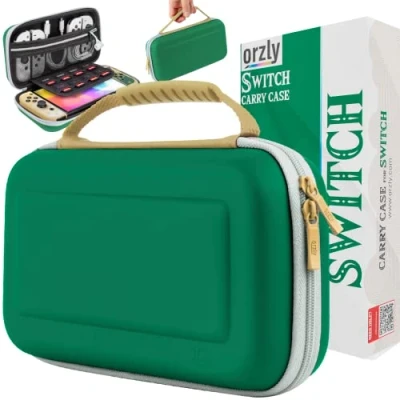 Abbildung von Orzly Switch Hülle für Nintendo OLED und Standard Konsole mit Zubehör Spiele Aufbewahrungsfach entworfen Zelda Fans, Geschenkbox Edition, grün, Gold, weiß, Tragetasche
