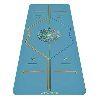 Abbildung von Liforme Bedruckte Yogamatten Kollektion patentiertes Ausrichtungssystem, rutschfest, umweltfreundlich, biologisch abbaubar, schweißbeständig, lang, breit und dick für Komfort Blue Sky Rainbow