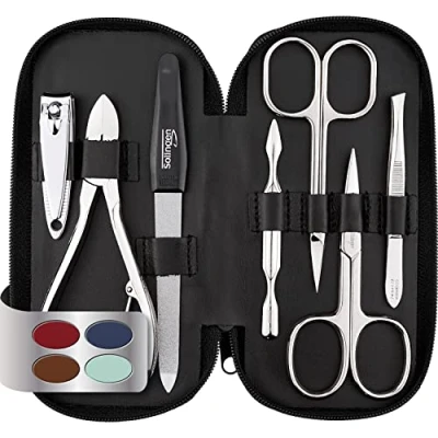 Abbildung von marQus Maniküre Set Herren und Damen 7 Teile mit Nagelzange Solingen Made in Germany für Hand Fußpflege Echt Leder Etui handlich weich