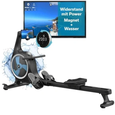 Abbildung von Skandika Rudergerät Nemo V Hybrid Wasser und Magnetwiderstand kombiniert, 90 Tank, bis 200 cm &amp; 150 kg, Kinomap App kompatibel, Bluetooth, aufstellbar Wasserrudergerät für Zuhause