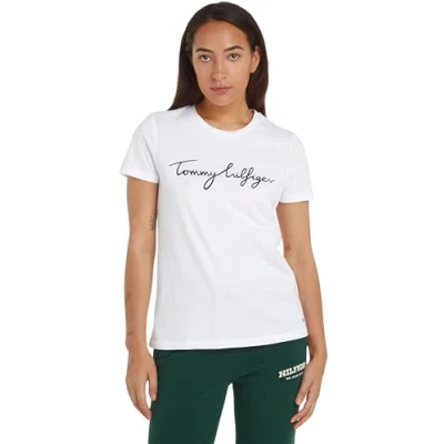 Abbildung von Tommy Hilfiger Damen T Shirt Kurzarm Rundhalsausschnitt, Weiß (Th Optic White), XXS