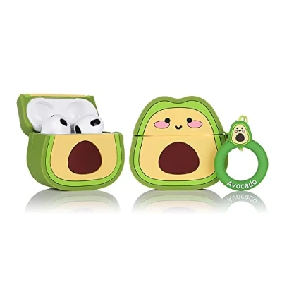 Abbildung von Derhom Airpods 3 Schutzhülle aus Silikon, lustig, niedlich, modisch, weich, Cartoon Design, kompatibel mit Apple 3, Schlüsselanhänger [Frucht Serie] (Avocado Lachen)