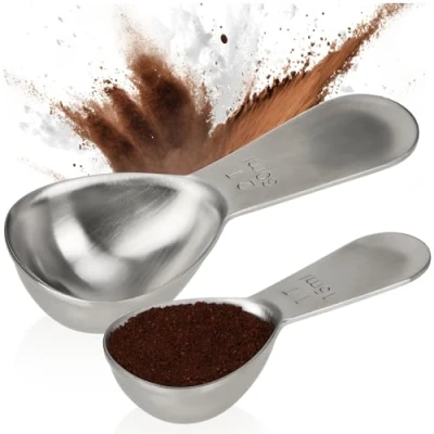 Abbildung von COM FOUR® 2x Kaffeeportionierer aus rostfreiem Edelstahl Dosierlöffel in zwei Größen Messlöffel mit ergonomischem Griff Maßlöffel zum Kochen &amp; Backen (silberfarben 30ml + 15ml)