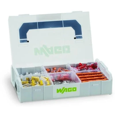 Abbildung von WAGO Verbindungsklemmen Set 887 953 404 teilig, mit verschiedenen Verbindungsdosenklemmen und Befestigungsadapter der Serie 2273 für alle Leiterarten, in praktischer L BOXX Mini