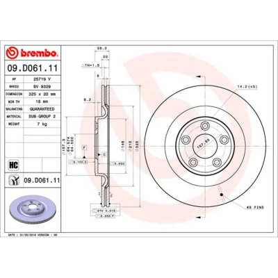 Abbildung von BREMBO 09.D061.11 Bremsscheibe 325 20 5 innenbelüftet beschichtet hochgekohlt JAGUAR: XJ Saloon, F Type Coupe