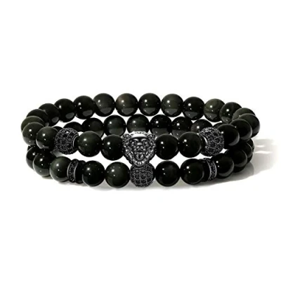 Abbildung von COAI Herren Geschenkideen Glücksarmband aus Obsidian mit CZ Pave Löwe Charm 2PCS