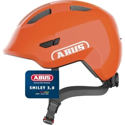Abbildung von ABUS Kinderhelm Smiley 3.0 Fahrradhelm mit tiefer Passform, kindergerechten Designs &amp; Platz für einen Zopf Mädchen und Jungs Orange Glänzend, Größe M
