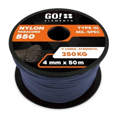 Abbildung von GO!elements 50m Paracord Seil aus reißfester Nylonschnur 4mm 550 Typ III Schnur Allzweckseil &amp; Reepschnur Max. 250kg, Farbe:Grau Blau