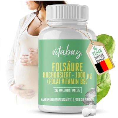 Abbildung von Vitabay Folsäure Tabletten Hochdosiert 1000 mcg (VItamin B9) 240 VEGANE Kinderwunsch Schwangerschaft Vitamine für Männer Hohe Bioverfügbarkeit Laborgeprüft