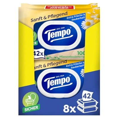 Abbildung von Tempo Feuchte Toilettentücher &quot;Sanft &amp; Pflegend&quot; Megapack 16 Packungen mit je 42 Tüchern Duo Packs natürlicher Kamille Toilettenpapier, dermatologisch getestet pH hautneutral