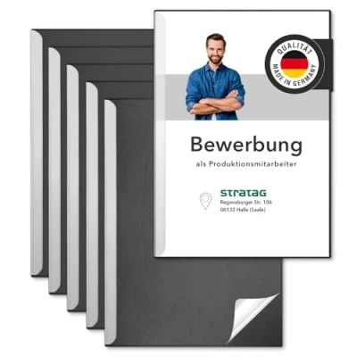 Abbildung von STRATAG Klemmschienen Bewerbungsset Start Basic (Schwarz, 6 Stück) mit transparentem Deckel aus PP Kunststoff sowie Binderücken robustem 290 g/m² Karton Lederstruktur (6 Bewerbungsmappen Schwarz)