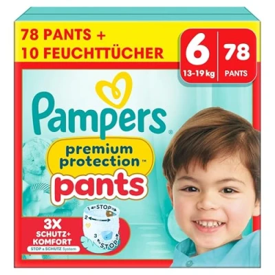 Abbildung von Pampers Premium Protection Pants Größe 6, 78 Windeln, 13kg 19kg, Mit 360 Passform, 2x breiteren Bündchen als vorher für Komfort &amp; Schutz + 10 Stück Aqua Baby Feuchttücher enthalten