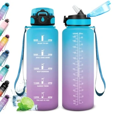 Abbildung von Trinkflasche Sport 1.5L, mit Strohhalm, Wasserflasche Auslaufsicher Zeitmarkierung, Trinkflaschen Kohlensäure Geeignet, Sportflasche für Fitness, Gym, Schule, Outdoor, Yoga