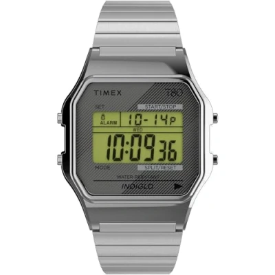 Abbildung von Timex T80 Unisex Armbanduhr, 34 mm, dehnbares Edelstahlarmband, digitales Zifferblatt, silberfarbenes Gehäuse TW2R79100