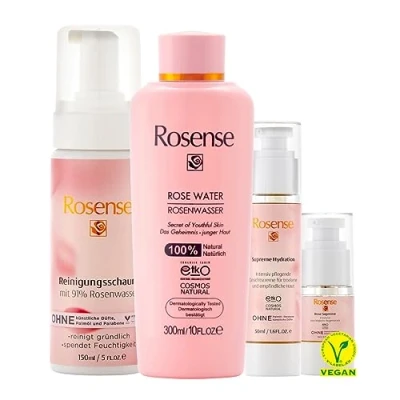 Abbildung von Rosense Pflegeset für trockene/empfindliche Haut: Reinigungsschaum 150ml mit Panthenol,Rosenwasser/Gesichtswasser 300ml,Gesichtscreme Hyaluronsäure 50ml,Augenserum 15ml Hautpflegepaket