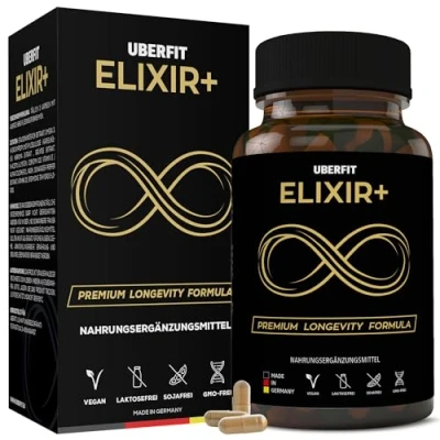 Abbildung von UberFit® ELIXIR+ Longevity Kapseln [PREMIUM QUALITÄT] mit Resveratrol 490mg, Spermidin 5mg, NADH, Omega 3, Coenzym Q10, Vitamin D3, E, Kurkuma uvm (90 vegane Kapseln)