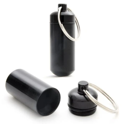 Abbildung von Ganzoo © Pillendose Mini Kapsel 2 Stück Pillenbox wasserdicht für Kleinteile, Aufbewahrungsbox Schlüsselanhänger mit Schraubverschluss (Gummidichtung), Höhe: 45mm, Aluminium, Farbe: Schwarz