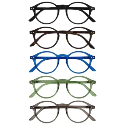 Abbildung von OPULIZE REY Lesebrille 5er Pack Runder Retro Rahmen Mattschwarz, Braun, Blau, Grün, Grau Herren Damen Federscharniere RRRRR56 12367 +1.00