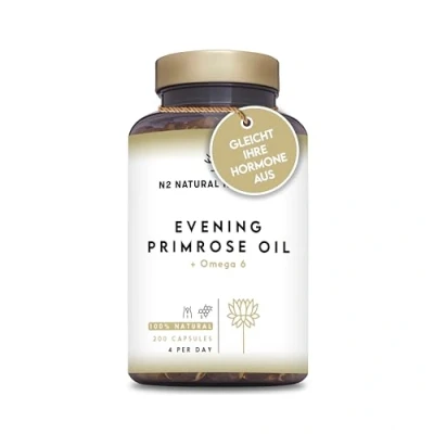 Abbildung von Nachtkerzenöl Kapseln Kaltgepresst 2000mg Tagesdosis, 10% Gamma Linolensäure GLA und Vitamin E. für Hormone, Wechseljahre, Haut, Haare. 200 Softgel Kapseln, UE N2 Natural Nutrition.