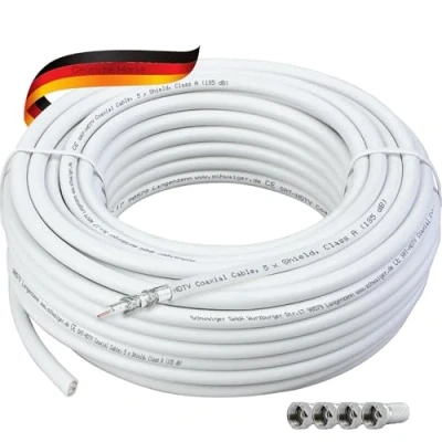 Abbildung von SCHWAIGER 9574 Koaxial Kabel 10m 135dB Antennen Sat 75 Ohm TV 5 fach geschirmt Feuchtigkeitsresistent 8.2mm Kabeldurchmesser weiß inkl. F Stecker