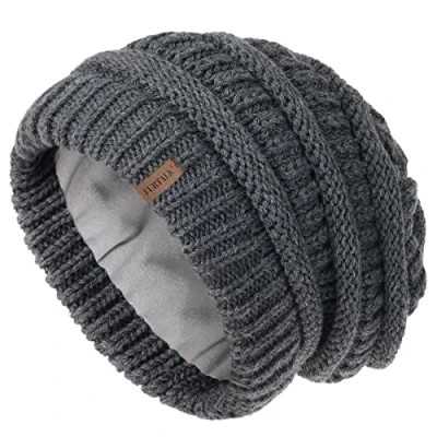 Abbildung von FURTALK Damen Beanie Mütze Warme Wintermütze mit Weichem Innenfutter Gefütterte Strickmütze,Dunkel grau,Einheitsgröße