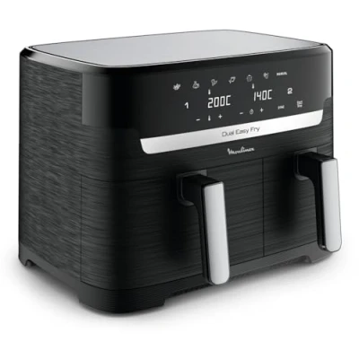Abbildung von Moulinex Dual Easy Fry 8,3 l Air Fritteuse, Energieeinsparung bis zu 70%, Fassungsvermögen von 5,2 und 3,1 l, 7 Programme, knusprige Ergebnisse, spülmaschinenfest, digitales Rezeptbuch,