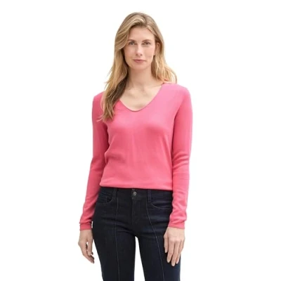 Abbildung von TOM TAILOR Damen 1012976 Strickpullover mit V Ausschnitt, 15116 Bright Rose, L