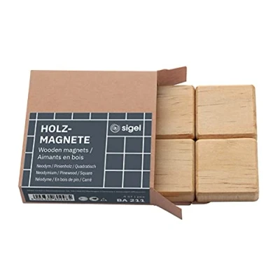 Abbildung von SIGEL BA211 Holz Magnete Neodym quadratisch mit starker Haftkraft 3,3 x cm 4 Stück SuperDym, für Glasmagnettafeln und Whiteboards