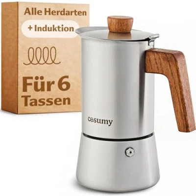 Abbildung von Cosumy Espressokocher Induktion für alle Herdarten geeignet Mokkakanne Edelstahl 6 Tassen und FSC Eichenholz Extra Silikondichtung 300ml
