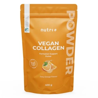 Abbildung von Nutri + Vegan Collagen Formation Support Pulver zur Unterstützung der Kollagenbildung bzw. Kollagen Peptiden mit Hyaluronsäure 400 g Orange
