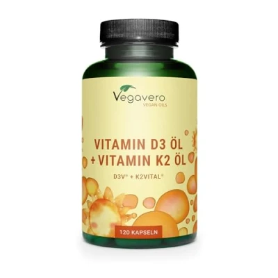 Abbildung von VITAMIN D3 K2 Kapseln Vegavero® 100% Vegan und natürlich Immunsystem &amp; Knochen* D3+K2 Öl mit 1000 IE 100 µg MK7 pro Kapsel 120