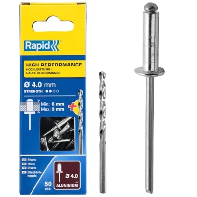 Abbildung von Rapid Blindnieten Aluminium Universal Ø 4mm, 6 9mm Klemmbereich, 50 Stk. Nieten, Set inkl. Bohrer, für Blindnietzangen