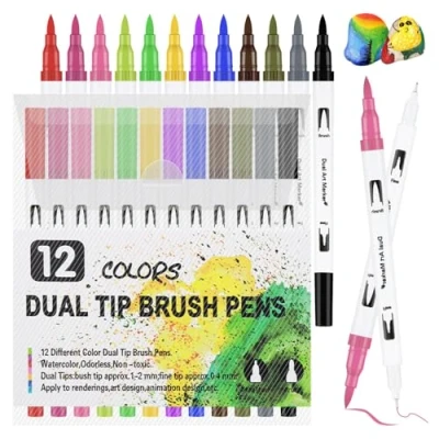 Abbildung von Dual Brush Pen Set, 12 Farben Doppelköpfige filzstifte Aquarellstifte Dicke und Dünne Pinselstifte Handlettering Stifte Doppelfasermaler für Erwachsene Kinder Geeignet Malerei