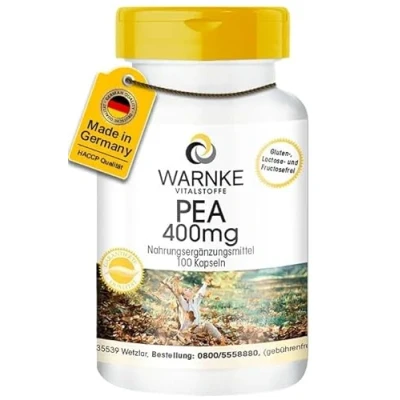 Abbildung von PEA 400mg mit Palmitoylethanolamid pro Kapsel 100 Kapseln hochdosiert vegan Warnke Vitalstoffe Deutsche Apothekenqualität
