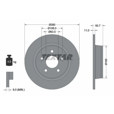 Abbildung von TEXTAR PRO 92238903 Bremsscheibe 280 11 05/05 108 voll beschichtet ohne Radbefestigungsbolzen, Radnabe FORD: KUGA 2, Grand C Max, Max 2