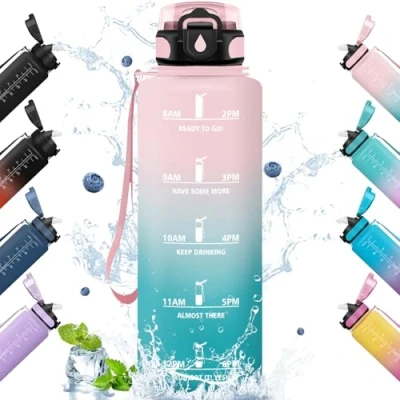 Abbildung von HoneyHolly Trinkflasche, 1.5L mit Strohhalm, Trinkflasche Sport, Zeitmarkierung, Wasserflasche, Auslaufsicher, Kohlensäure Geeignet für Outdoor, Wandern, Fitness, Radfahren