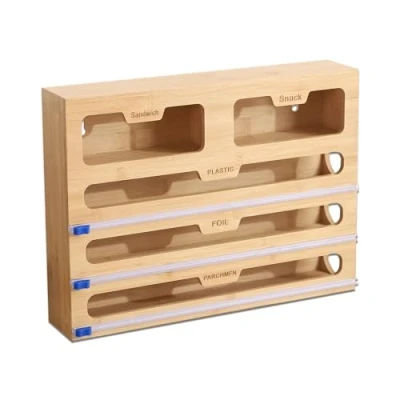 Abbildung von DYOUEN 5in1 Folienspender Holzspeicherbox Mit Cutter Frischhaltefolie Abroller Aufbewahrungskiste Frischhaltefolienschneider für Küchenschublade