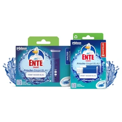 Abbildung von WC Ente Frische Siegel Vorteilspack,Starter Set (inkl. Nachfüller) + Nachfüller (2 St.),körbchenloser Reiniger, Azure Lagoon