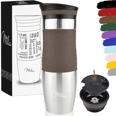Abbildung von Milu Thermobecher 370ml 450ml Isolierbecher Kaffeebecher to go 100% Auslaufsicher Trinkbecher aus Edelstahl Autobecher doppelwand Isolierung Thermo Becher Travel Mug (Braun, 450ml)