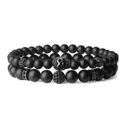 Abbildung von COAI Herren Geschenkideen Glücksarmband aus Matt Onyx mit CZ Pave Totenkopf Charm 2pcs in Größe M