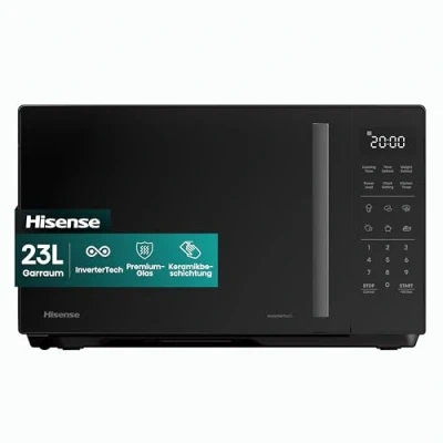 Abbildung von Hisense H23MOBS4HI Mikrowelle /23 L /900W /InverterTech/Keramikbeschichtung/Premium Glass/Maßgeschneidert, Mehrphasiges Kochen/Auftaufunktion/Zehn Powerstufen/Kindersicherung/Schwarz